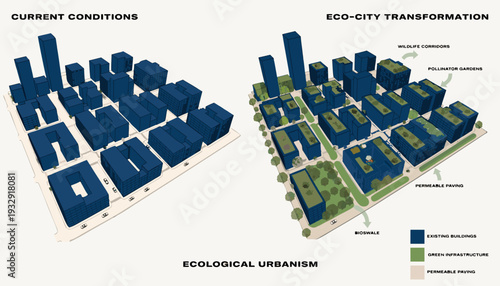 A comparative infographic visually contrasts 'Current Conditions' of a typical city with an 'Eco-City Transformation,' highlighting the integration of green infrastructure like pollinator gardens and 