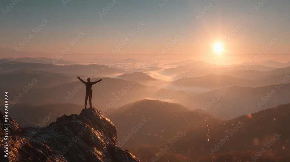 Obraz premium Person reaching for sun on mountain