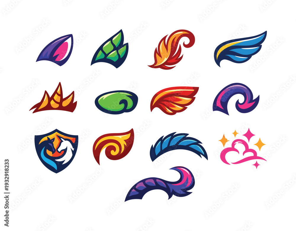 Fototapeta premium Two-Color vector icons of magical creature features: unicorn ear arc, dragon scale tip, phoenix feather curl, griffin wing line;