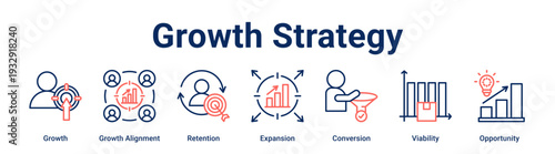 Growth Strategy web banner icon vector illustration concept for business with icon of Growth, Growth Alignment, Retention, Expansion, Conversion, Viability,.