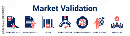 Market Validation web banner icon vector illustration concept for business with icon of Market Validation, Segment Validation, Viability, Market Suitability, Market Compatibility, Market Precision,.