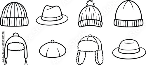 Winter hat and beanie icon set with fedora ushanka and knitted cap line art vector illustration collection