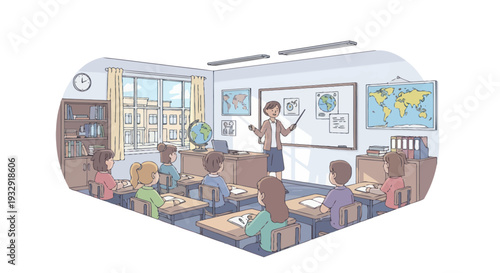 Teacher teaching geography to elementary school students in a classroom with world maps and globes