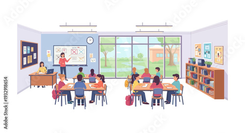 Diverse Students Learning in Bright Modern Classroom with Interactive Whiteboard