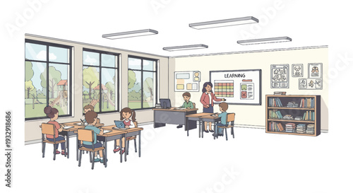 Children Learning in Bright Classroom with Teacher and Playground View