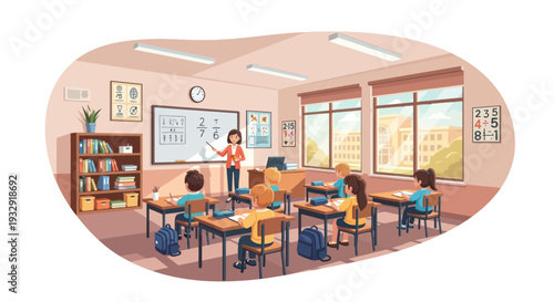 Children learning math in a bright, modern classroom with teacher at whiteboard