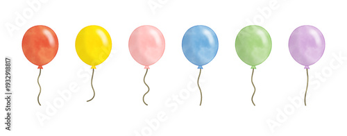 Six multicolored balloons in simple watercolor design