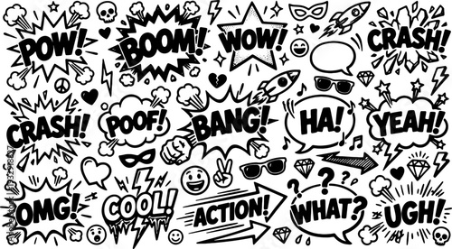 Comic book sound effects and exclamations, including speech bubbles with words like 'POW!', 'BOOM!', 'WOW!', and 'CRASH!', alongside various graphic elements such as rockets, sunglasses, and emojis.
