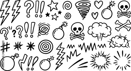 Hand-drawn lightning bolts, bombs, skulls, and various expressive doodle symbols convey strong emotions, danger, and impactful reactions, ideal for comic art, warning signs, or dramatic graphic.