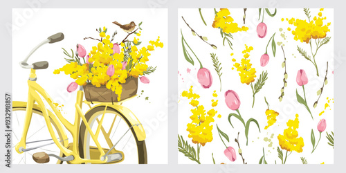 Retro bike with basket of flowers. Postcard with mimosa, tulips and little bird, and seamless pattern with spring flowers. Vector illustration in watercolor style. Hand drawn author's drawing.