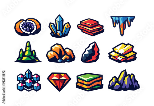 Two-Color vector icons of mineral formations: geode split, quartz spike, calcite plate, stalactite drip, stalagmite rise, boulder