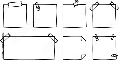Collection of eight hand-drawn sticky notes featuring different attachment methods like tape, paper clips, and pushpins, perfect for message organization and reminders.