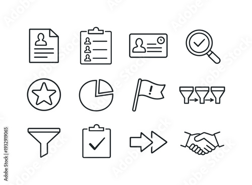 Line style of Lead conversion workflow vector icons: lead form, contact list, CRM card, qualification; score star, segment,