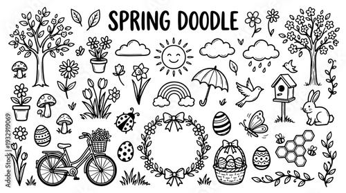 Assortment of charming black and white spring doodle elements including trees, flowers, a bicycle, a smiling sun, a rainbow, and an Easter wreath for seasonal decoration.