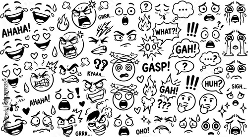 Overwhelming density of expressive monochrome faces conveying intense feelings such as shock, rage, joy, and confusion suitable for reaction graphics.
