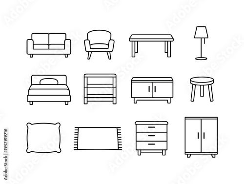 Minimalist Furniture Icons. Line style of Interior furniture icons: sofa, chair, table, lamp; bed, shelf, cabinet, stool; cushion,