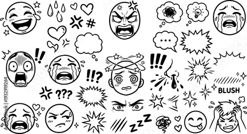 Set of black and white minimalist emotion icons depicting various facial expressions like laughter, anger, surprise, and sadness with accompanying speech bubbles.