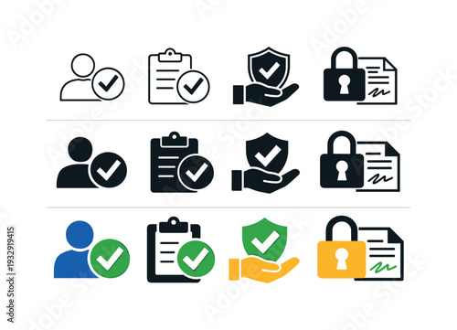 Icon object one for user permission, icon object two for data approval, icon object three for consent control, icon object four
