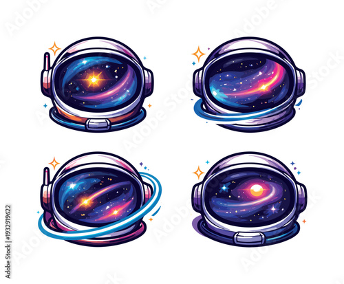 Two-Color vector icons of an astronaut’s helmet with a galaxy reflection: cosmic visor, star swirl, nebula arc, helmet rim;