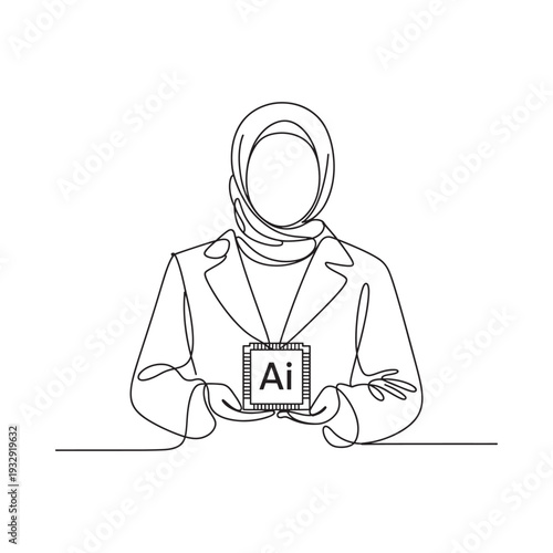 Line drawing of a woman in hijab holding an ai technology display