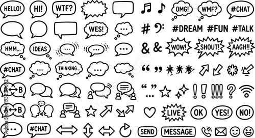Large collection of hand-drawn speech bubbles, communication icons, punctuation marks, and chat symbols in a minimalist black and white style for digital messaging.