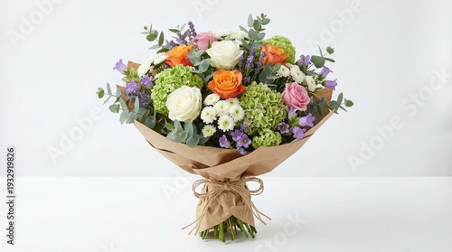 Beautifully arranged fresh mixed bouquet featuring roses hydrangeas and lavender tied with twine
