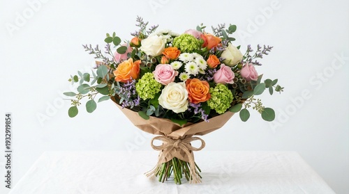 Colorful mixed flower bouquet wrapped in natural brown paper tied with rustic twine