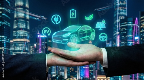 Glowing electric vehicle concept with sustainability icons held over a modern city at night