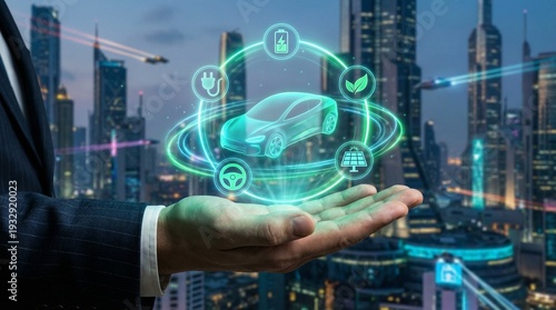 Businessman holding holographic electric car concept with charging and green energy icons above city