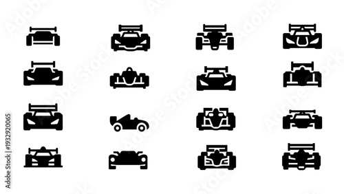 Solid Black Racing Car Icon Set – 16 Flat Filled Vector Silhouettes