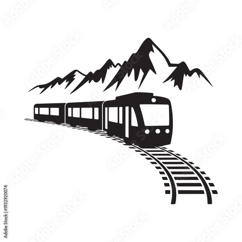 A black silhouette of a train traveling through a mountainous landscape