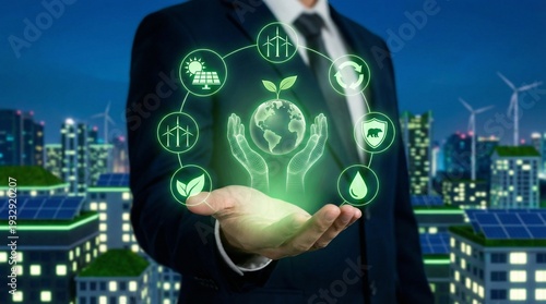 Businessman holding glowing icons symbolizing sustainability and environmental protection above a city