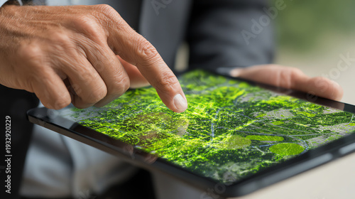 Wallpaper Mural A person using a tablet to view vibrant green landscapes, showcasing technology's role in environmental awareness. Torontodigital.ca