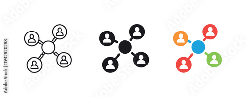 Collaborative alignment concept showing a central connected node symbol linking surrounding profile shapes to represent