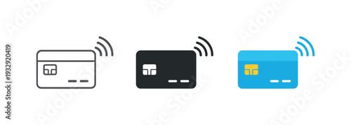 Touch free transaction concept showing a credit card emitting wireless waves to represent contactless payment usage — three