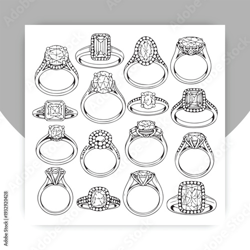 Luxury jewelry icons set. Diamond ring, necklace, bracelet, earrings, emerald, box, watch, loupe. Fashion accessories vector. Precious gems, wedding engagement, expensive wealth.
