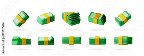 3D Many green stacked cash bundles with yellow bands. Financial concept for money, wealth, payment, or banking. Simple 3d icon for stock. Vector illustration
