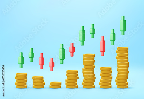 3D Financial graph with green and red candlesticks and stacks of gold coins. Forex trading analysis, stock market investment concept. Vector illustration
