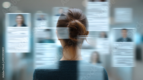 Wallpaper Mural A woman observes digital profiles, showcasing modern technology and data analysis in a professional setting. Torontodigital.ca