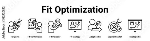 Fit Optimization web banner icon vector illustration concept for business with icon of Target Fit, Fit Confirmation, Fit Indicator, Fit Strategy, Adoption Fit, Segment Match.