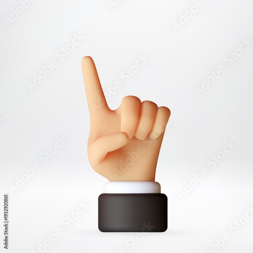 3D Human hand with index finger pointing up. 3d cartoon showing gesture, attention sign. Realistic design idea for indicating, notification, or direction. Vector illustration