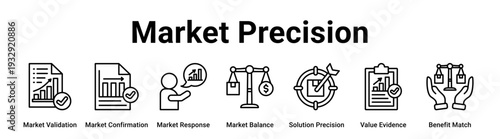 Market Precision web banner icon vector illustration concept for business with icon of Market Validation, Market Confirmation, Market Response, Market Balance, Solution Precision, Value Evidence.