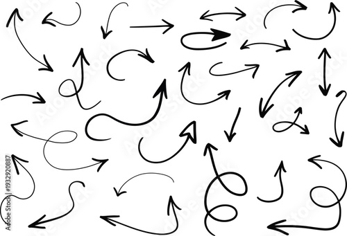 Illustration of collection of various black arrows on pointing different directions
