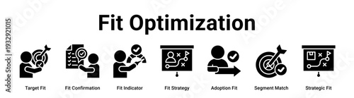 Fit Optimization web banner icon vector illustration concept for business with icon of Target Fit, Fit Confirmation, Fit Indicator, Fit Strategy, Adoption Fit, Segment Match.