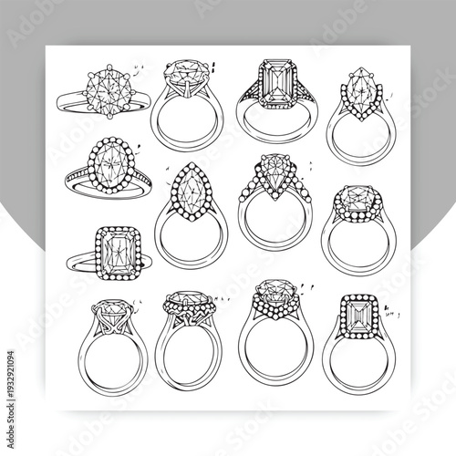 Luxury jewelry icons set. Diamond ring, necklace, bracelet, earrings, emerald, box, watch, loupe. Fashion accessories vector. Precious gems, wedding engagement, expensive wealth.