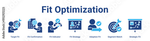 Fit Optimization web banner icon vector illustration concept for business with icon of Target Fit, Fit Confirmation, Fit Indicator, Fit Strategy, Adoption Fit, Segment Match.