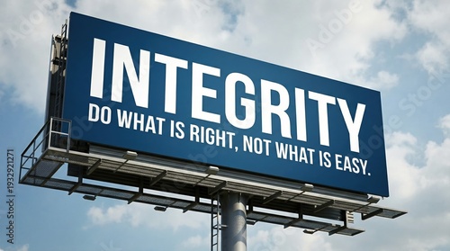 Large blue billboard displaying an inspirational quote about integrity and business ethics against a cloudy sky.