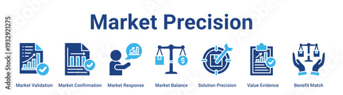 Market Precision web banner icon vector illustration concept for business with icon of Market Validation, Market Confirmation, Market Response, Market Balance, Solution Precision, Value Evidence.