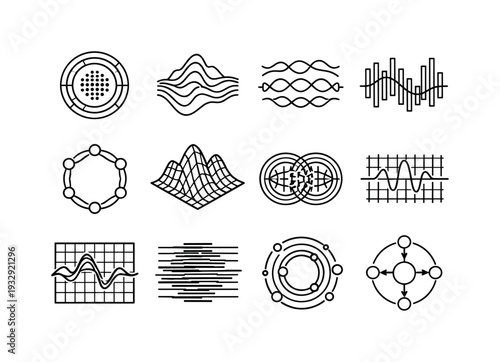 Line style vector icons of data visualization heatmaps and grids: pattern ring, frequency contour, sync band, modulation band,