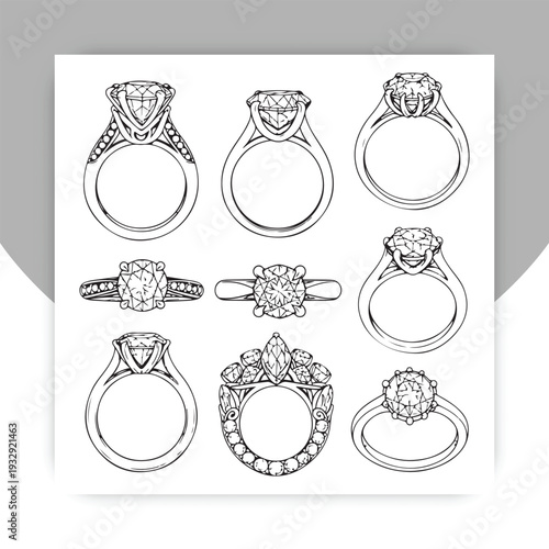 Luxury jewelry icons set. Diamond ring, necklace, bracelet, earrings, emerald, box, watch, loupe. Fashion accessories vector. Precious gems, wedding engagement, expensive wealth.